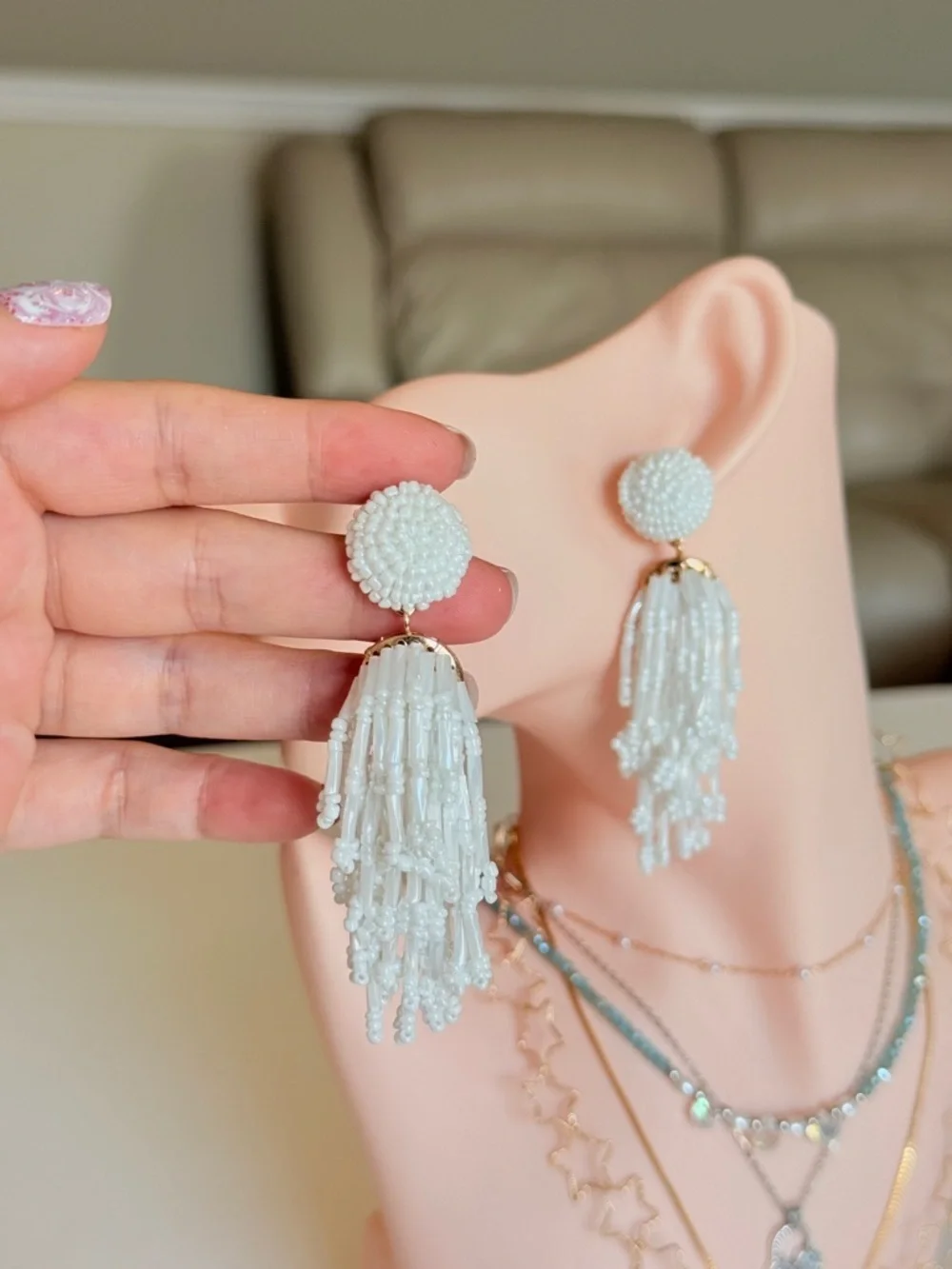 Elegant White Beaded Tassel Drop Earrings